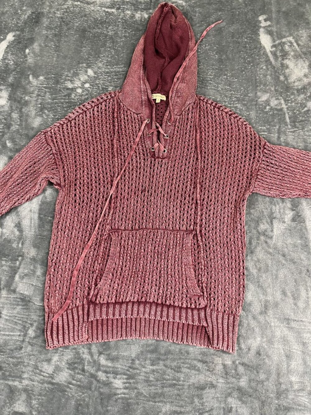 Democracy Womens Burgundy Knit Hoodie Sweater Lace-Up Neck Kangaroo Pocket M